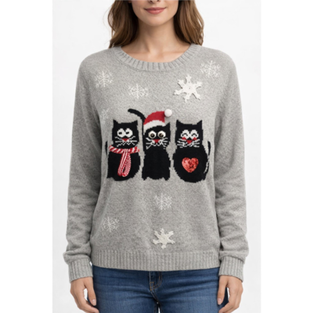 Karen Kane Cat Lady Christmas Sweater Large Gray Vintage
